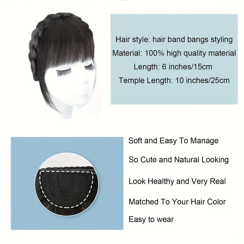 1pc Elegant Women’s Clip-In Synthetic Bangs with Double Braid Design - Lightweight, Versatile Hairpiece for All Hairstyles, Perfect for Daily Wear and Special Occasions | Sleek Black Bangs Accessory
