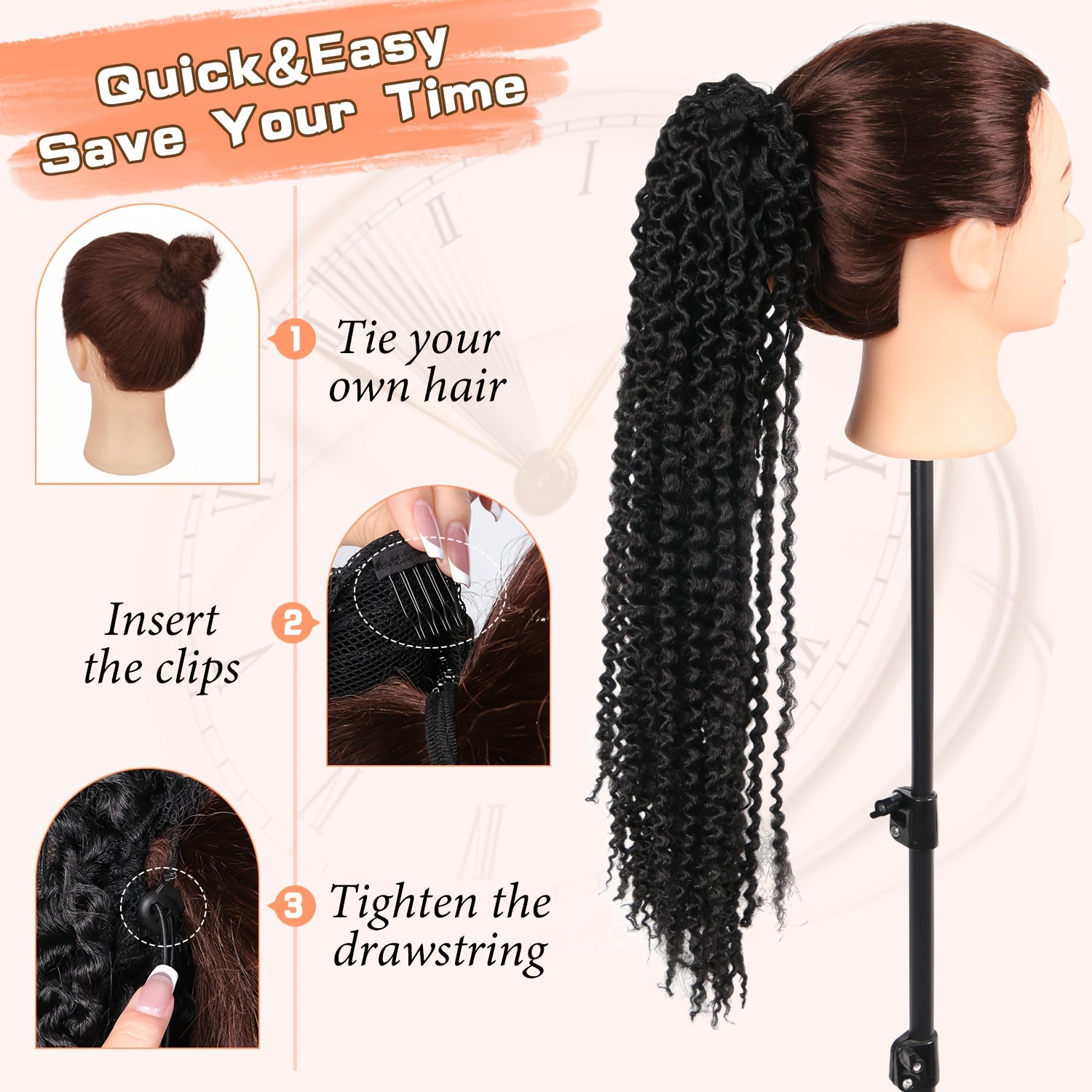 20 Inch Deep Curly Afro Kinky Ponytail Extension for Women, Clip-In Synthetic Soft Fluffy Hair Tails, Drawstring Pony Extensions for Daily Use, Hair Extensions