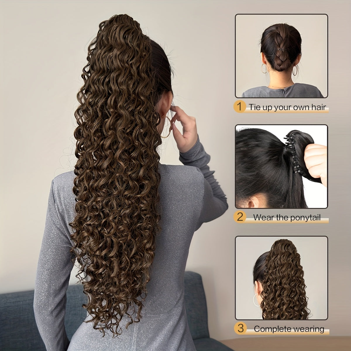 YUSULAXI 60.96cm Deep Wave Dark Brown Claw Clip Ponytail Extension - Heat-Resistant Synthetic Hair for Women, Long Curly Style, Perfect for Daily Use, Hair Accessories