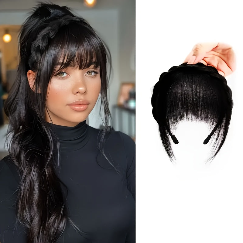 1pc Elegant Women’s Clip-In Synthetic Bangs with Double Braid Design - Lightweight, Versatile Hairpiece for All Hairstyles, Perfect for Daily Wear and Special Occasions | Sleek Black Bangs Accessory